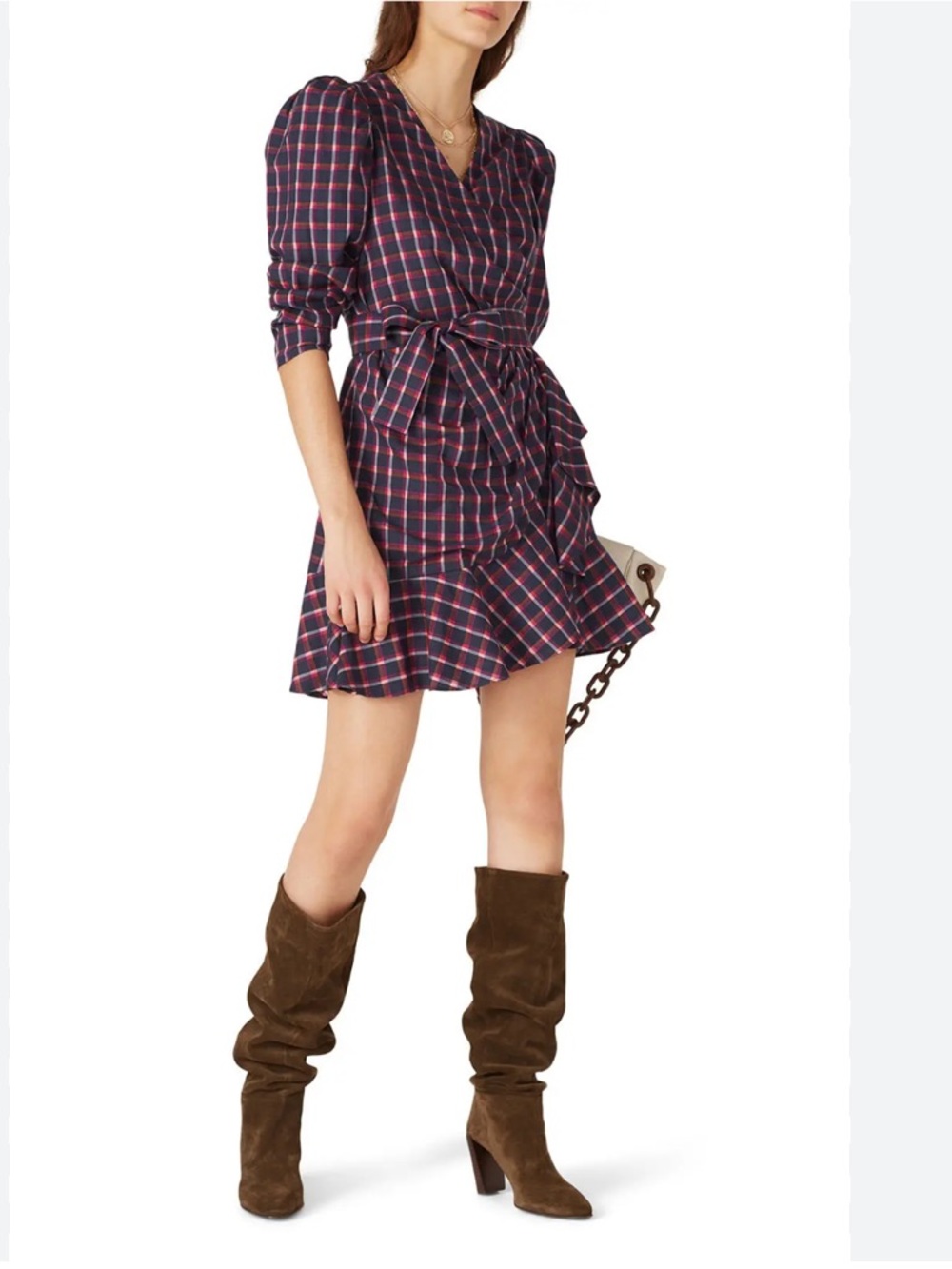 Tanya Taylor Plaid Lexi Mini Wrap Dress Purple 20 Belted Ruffle